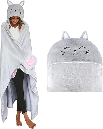 Shoppawhile Cat Gifts Wearable Hooded Blanket Soft Fluffy 59x51 Inches
