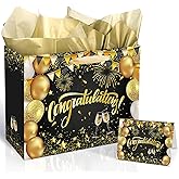 Black Gold Congratulations Gift Bag with Greeting Card, Tissue Papers, Appreciation Party Paper Bag for Anniversary, Birthday, Weddings, Retirements, Housewarming, Graduation Party