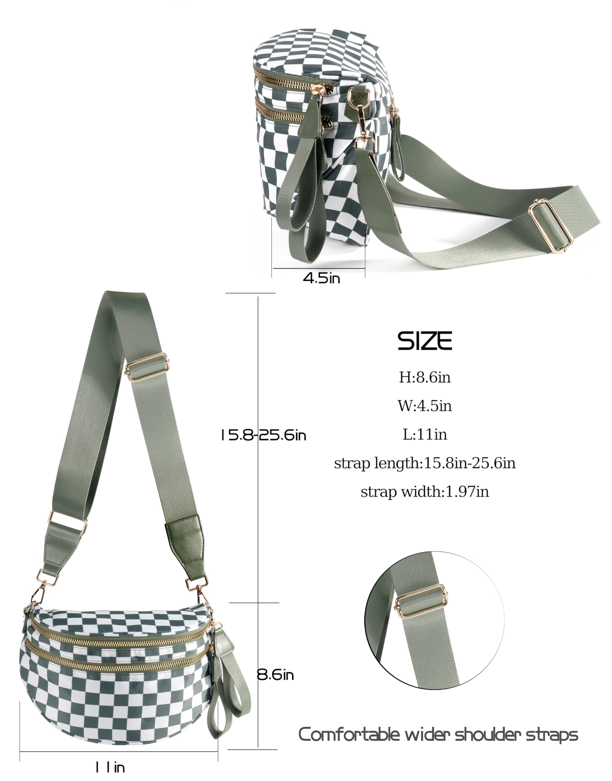 Spacious Checkered Nylon Crossbody Bag Bum Bag Checkered Handbags Wallets for Women