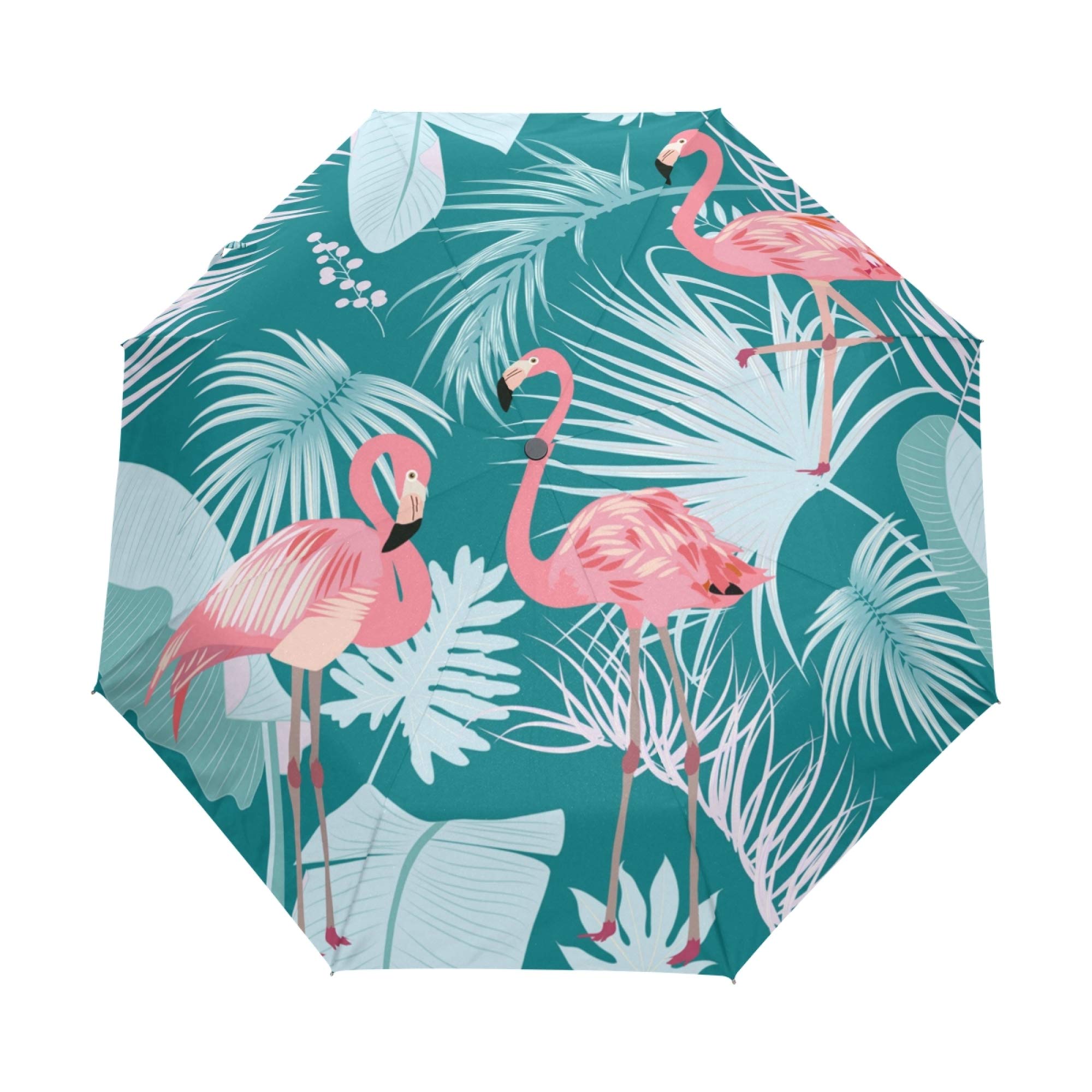 Automatic Folding Umbrella, Flamingo Plants and Flowers Green UV Protection Umbrella, Portable Sun and Rain Umbrellas for Children Women Men