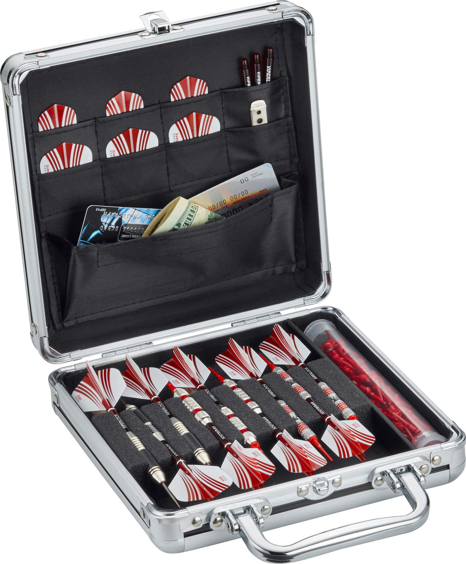 Casemaster Ternion Aluminum Dart Case - Holds 9 Darts, Steel or Soft Tip with Flight Saving Space, 8 Accessory Pockets, Mega Pocket for Larger Items