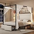 LUXOAK Full Size Canopy Bed Frame with Upholstered Panel Headboard, Lamb Wool Tufted Metal Platform Bed with 2 Drawers & 4 Posts, 12 Metal Slats Mattress Foundation, No Box Spring Needed, White