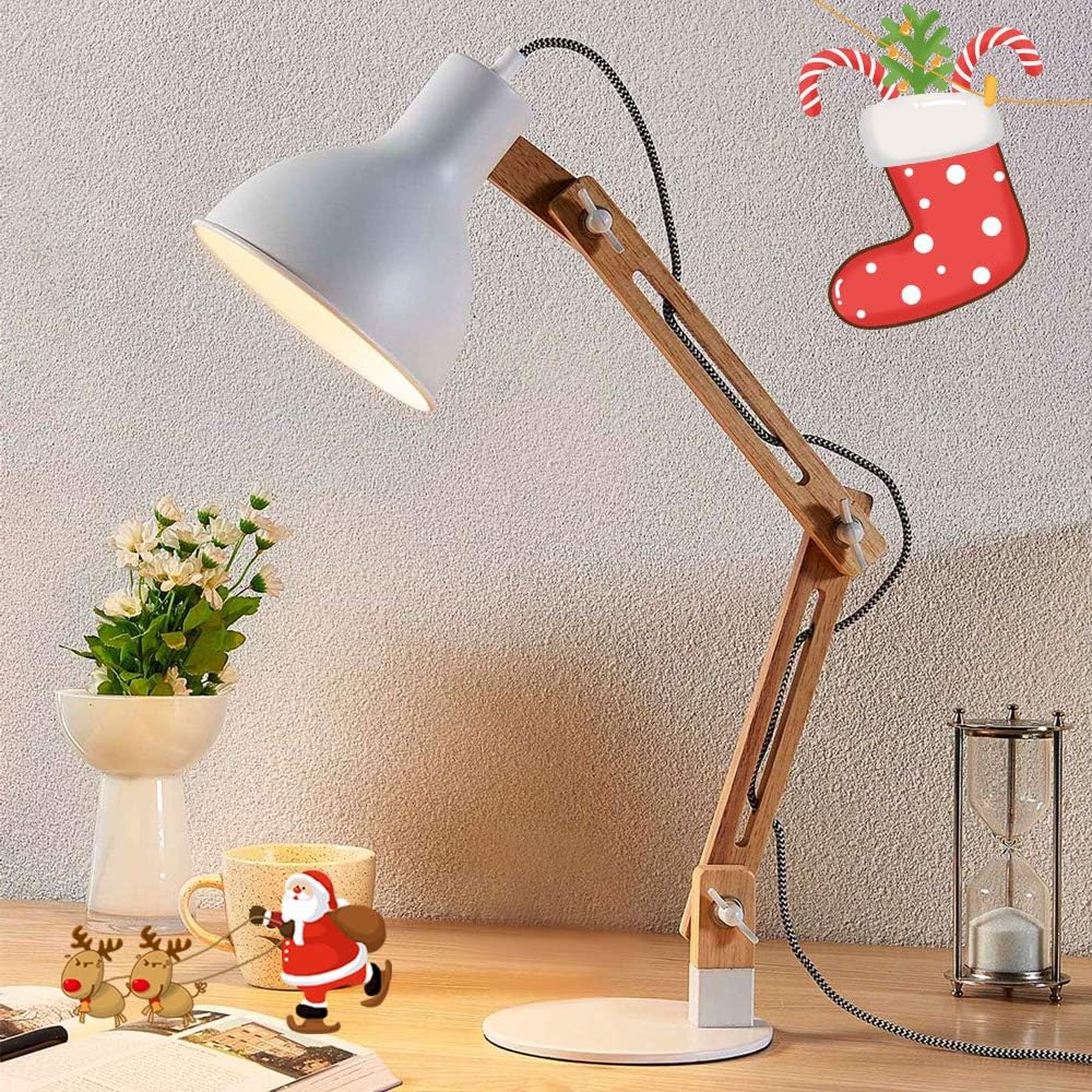 Dllt E27 Tischlampe Mit Verstellbarer Holzarm Schreibtischlampe Mit Druckschalter Wohnzimmer Kinderzimmer Usw Klassische Leselampe Weiss Schlafzimmer Fur Buro Arbeitszimmer