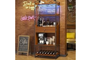 Housoul Wine Bar Cabinet with LED Lights, Industrial 67" Tall Coffee Bar with Glass Rack, Liquor Cabinet Wine Rack Storage Metal Wood Sideboard Buffet for Home Dining Living Room, Brown