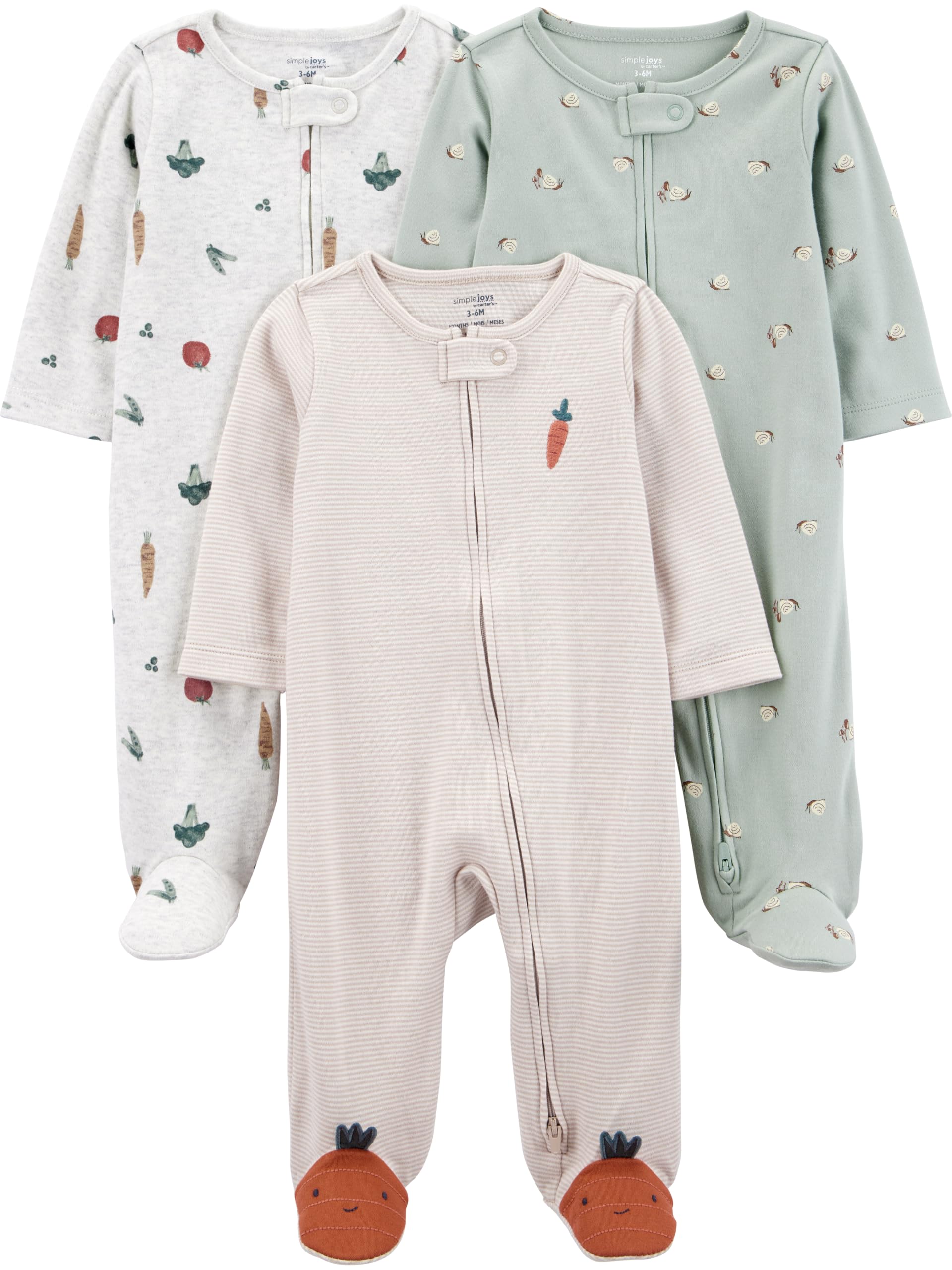 Simple Joys by Carter's Neutral 3-pack Sleep and Play, Veggie Stripe, 3-6M Image