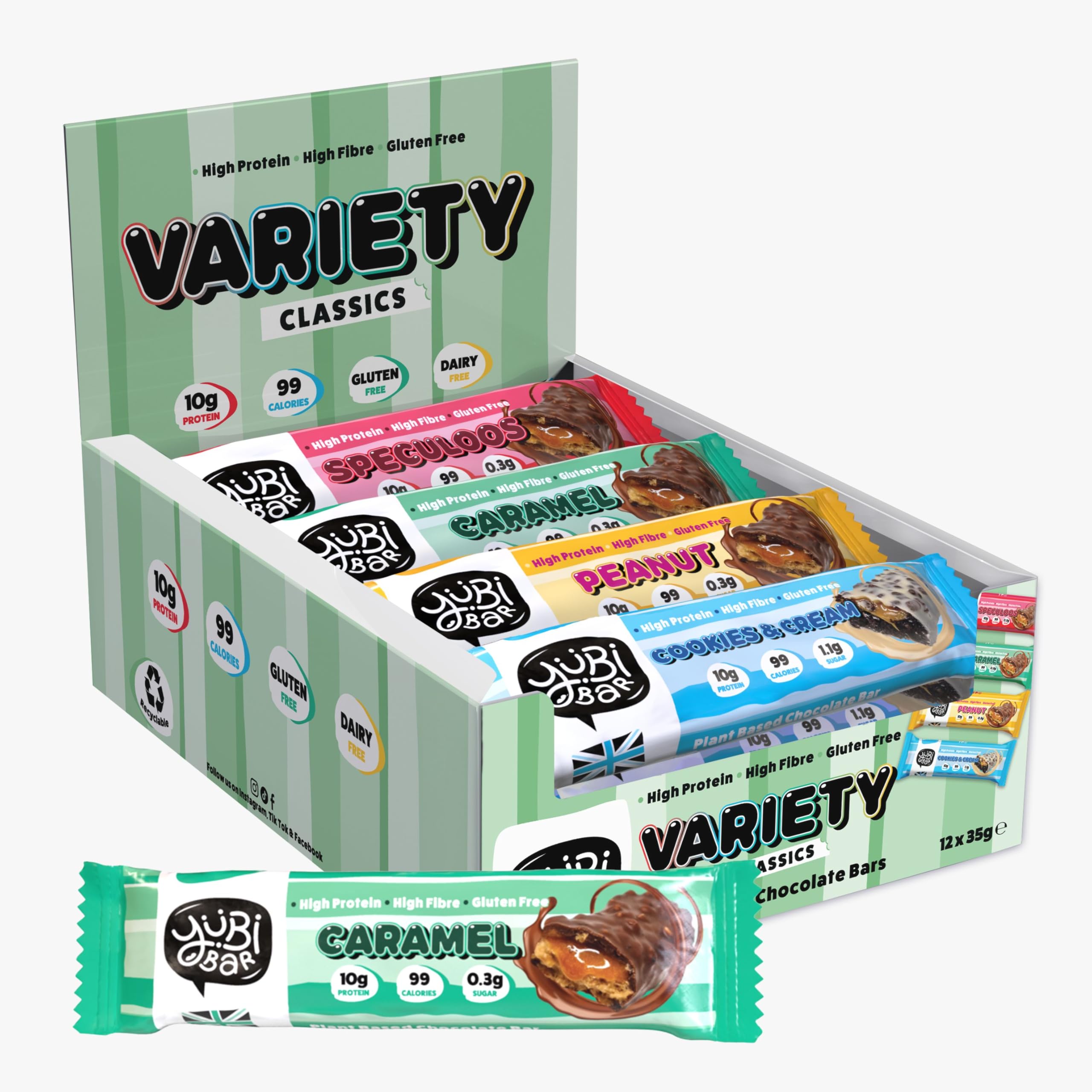 YuBi Variety Classics 12 Pack - Protein Bars - 99 Calories, High Protein, High Fibre, Low Sugar, Gluten Free and Dairy Free - Healthy Snacks/Nutrition Bar - Chocolate Bars - 420g