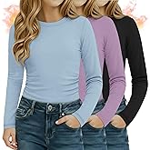 LessonZoo 3 Pack Girls Thermal Shirts Fleece Side Ruched Crewneck Slim Fit Top Long Sleeve Casual Base Layer Tees for Kids