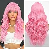 Lovenia Long Pink Wig with Bangs 26'' Long Wavy Hair for Women Middle Part Wigs Pastel Pink Wigs for Women Heat Resistant Synthetic Fiber Halloween Cosplay Wig