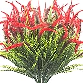 Grunyia 10 Bundles Artificial Plants Outdoor Fake Grass with Flowers UV Resistant Greenery Garden Porch Window Box Decorating (Red)