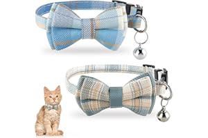 Jeffdad 2Pcs Cat Collar Breakaway, Cat Collar with Bells Bowtie Plaid Cat Collar Adjustable for Kitten Puppy and Small Pets (Blue and White Plaid)