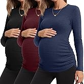 Sweetyweee 3 Pack Women's Maternity Shirts Long Sleeve Waffle Thermal Pregnancy Tee Crew Neck Side Ruched Mama Clothes(Wine Red, Navy Blue, Black,Large)