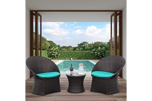 Lviden 3 Pieces Patio Furniture Set, Outdoor Wicker Bistro Set, Brown Rattan Conversation Chairs Set for Porch, with Turquoise Cushions and Glass Top Table
