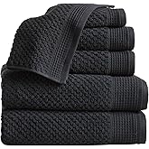 Belle Collection 6 Piece Waffle Textured 100% Cotton Towel Set | Super Soft Quick Dry Bath & Hand Towels | Decorative Washcloths for Bathroom (Black)