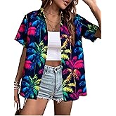 Hawaiian Shirts for Women Tropic Plam Tree Print Tees Beach Hawaii Tshirts Button Up Tee Tops Summer Vacation Short Sleeves