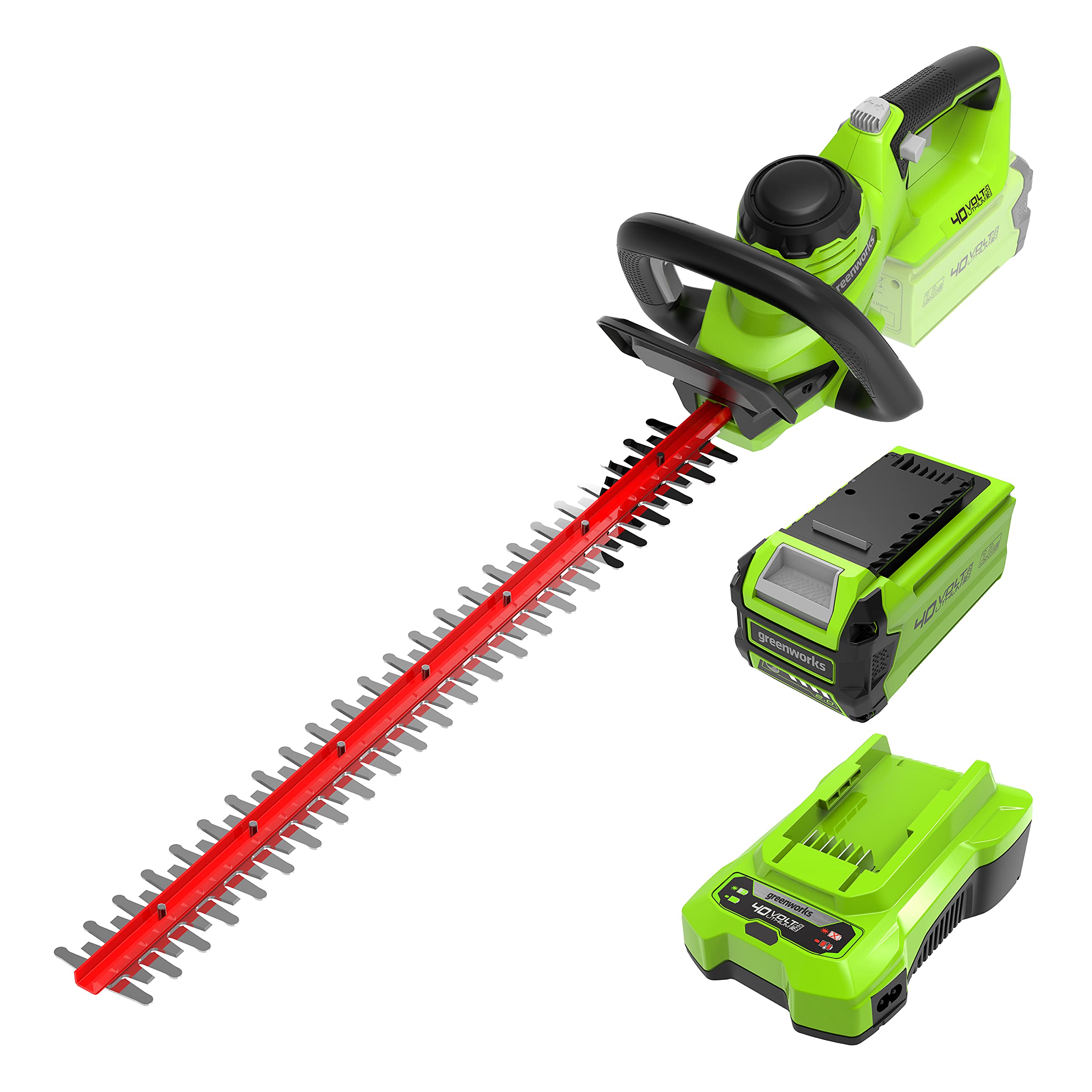 Greenworks G40HT61K2 Cordless Hedge Trimmer, 61cm Dual Action Blades, Cuts up to 27mm Thick Branches and Stems, 3000spm, 40V 2Ah Battery & Charger, 3 Year Guarantee