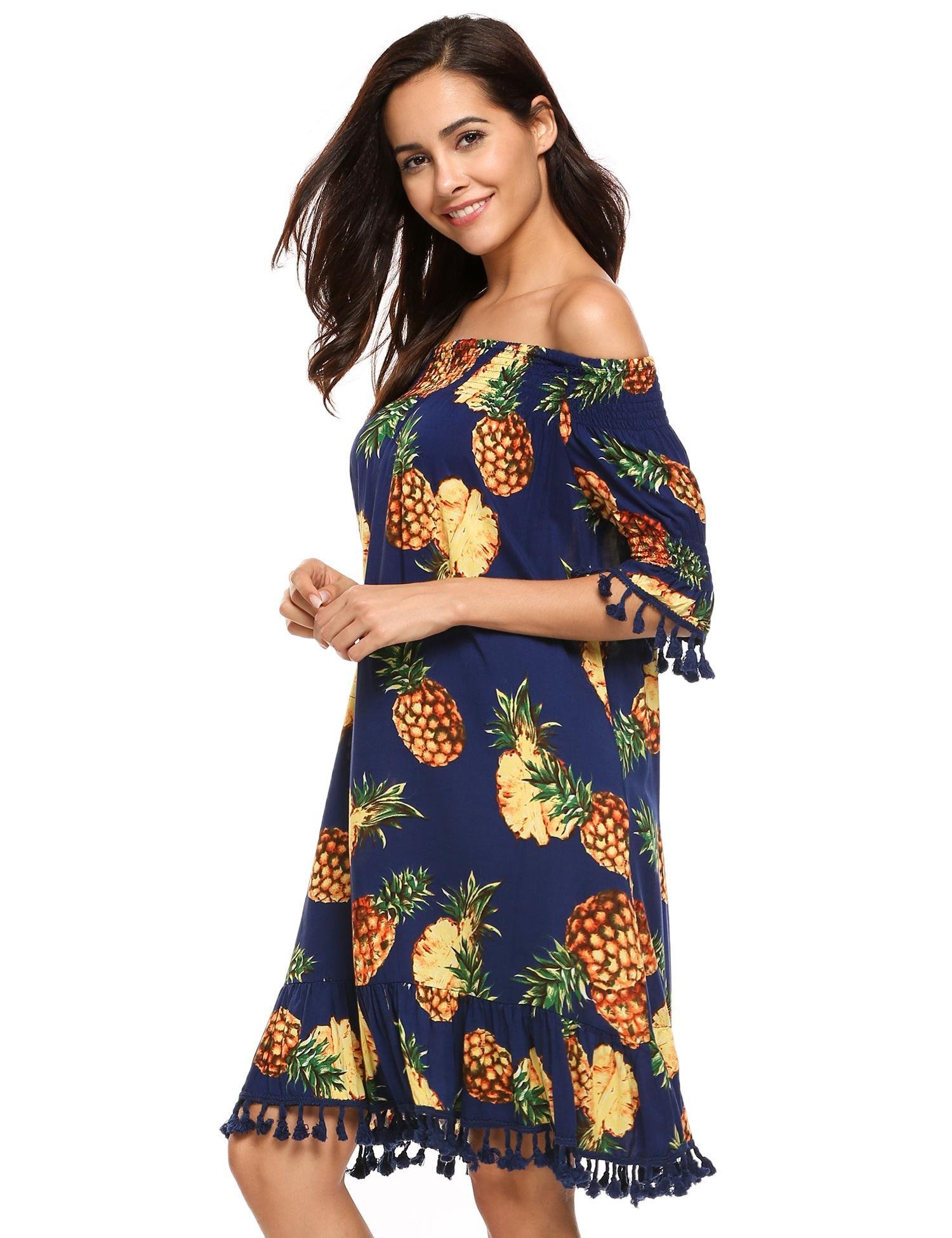 Beyove Women\'s Off Shoulder Tassel Trim Pineapple Printed Summer Party Dress,M