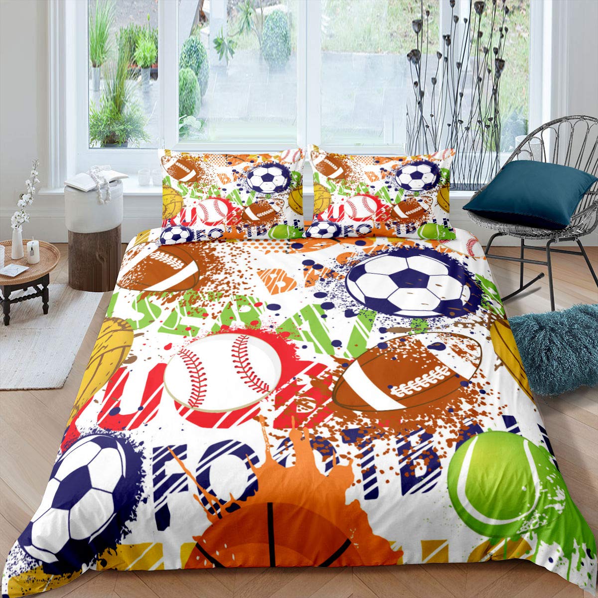 Boys Soccer Bedding Set Balls Tie Dye Duvet Cover Football Rugby Tennis Comforter Cover For Kids Girls Teen Basketball Baseball Volleyball Sports Theme Bedspreads Cover With 2 Pillow Cases Double Size — image 1