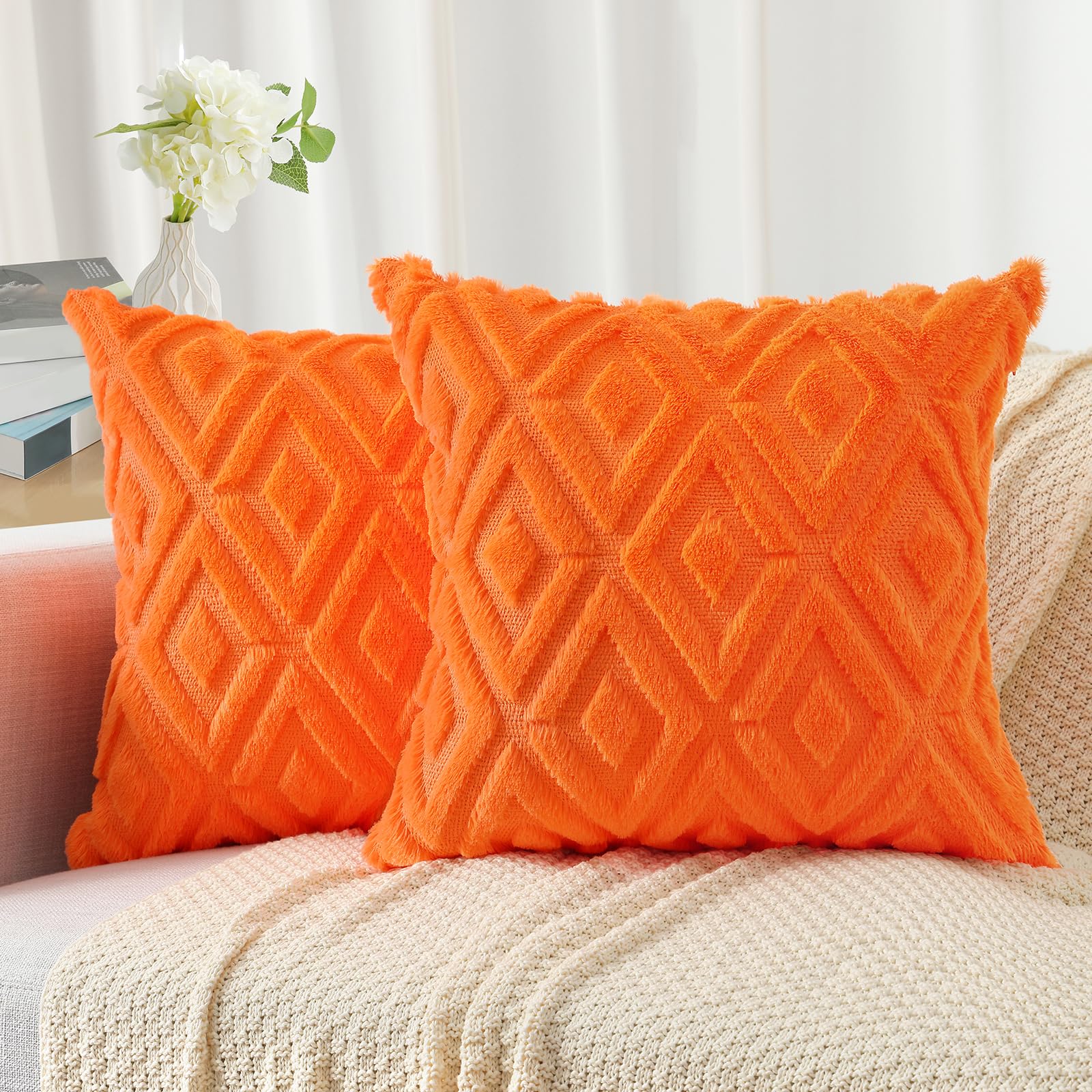 Pallene Spring Orange Euro Sham Throw Pillow Covers 24x24 Set of 2, Soft Plush Faux Fur Decorative Couch Pillow Covers for Sofa Bed Living Room Pillow Cases with 3D Diamond Pattern