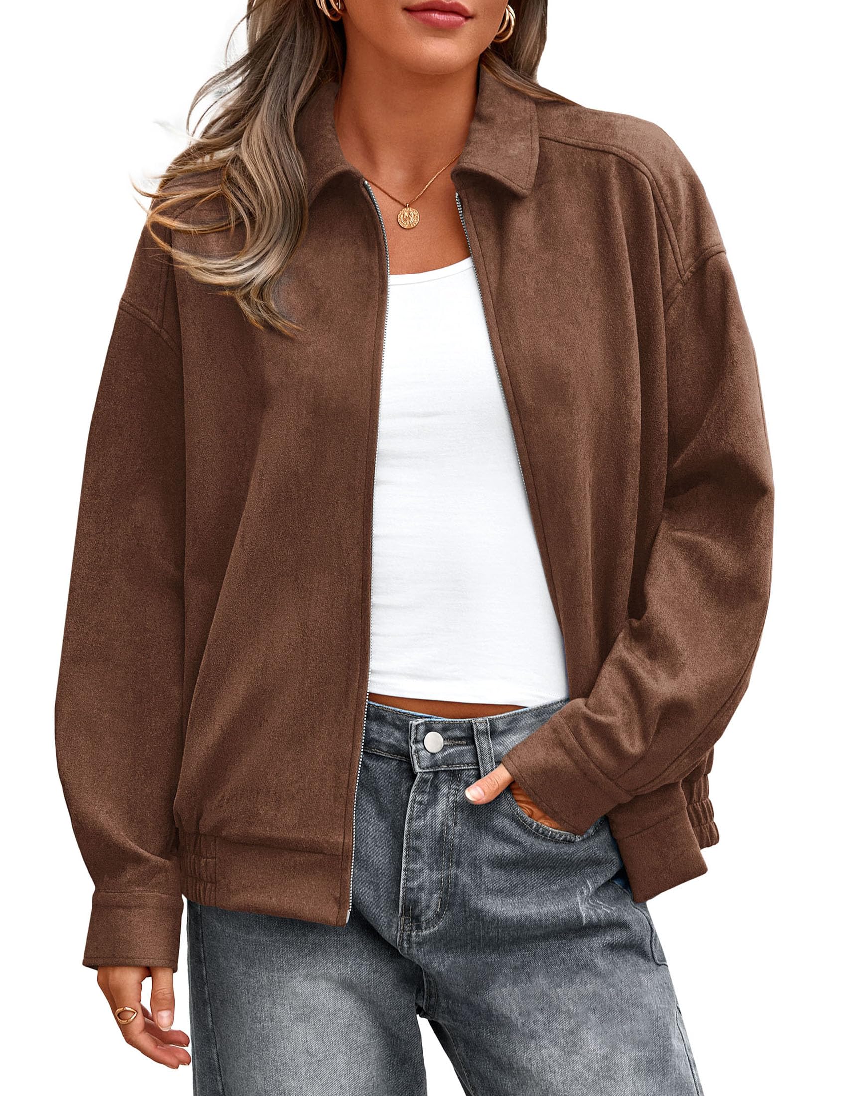 Photo 1 of PRETTYGARDEN Faux Suede Bomber Jacket Women Fall Fashion 2026 Casual Zip Up Oversized Trendy Winter Clothing Outerwear Coats (Brown,Medium)