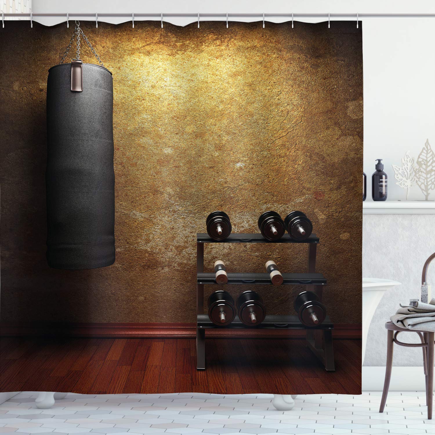 ABAKUHAUS Fitness Shower Curtain, Gym Room with Equipments Dumbbells Work Out Concept 3D Digital Print, Cloth Fabric Bathroom Decor Set with Hooks, 86" Inches, Black Redwood Pale Brown