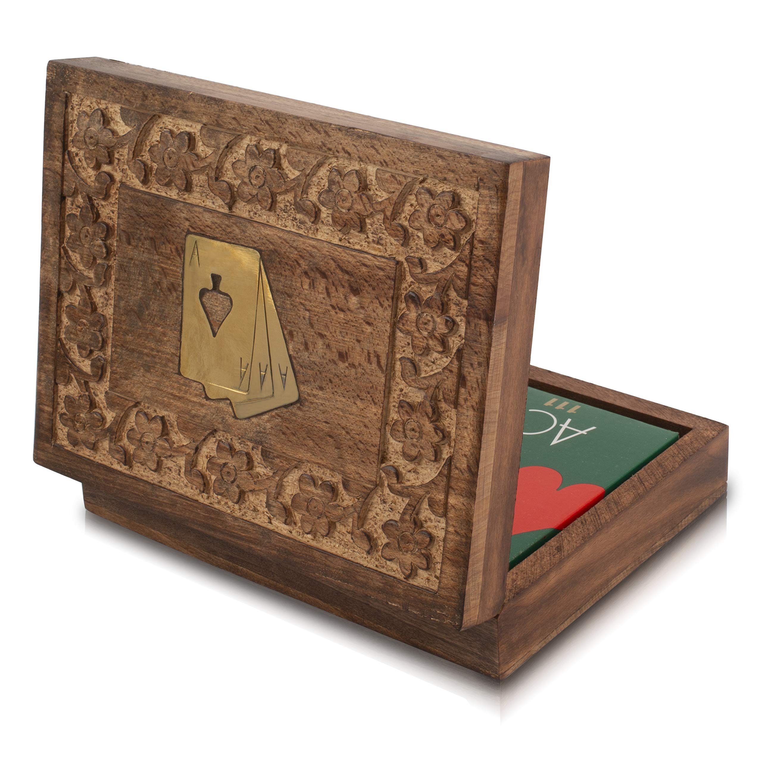 Unique Birthday Gift Ideas Handcrafted Classic Wooden Playing Card Holder Deck Box Storage Case Organizer With 2 Sets of Premium Quality 'Ace' Playing Cards Anniversary Housewarming Gifts Him Her