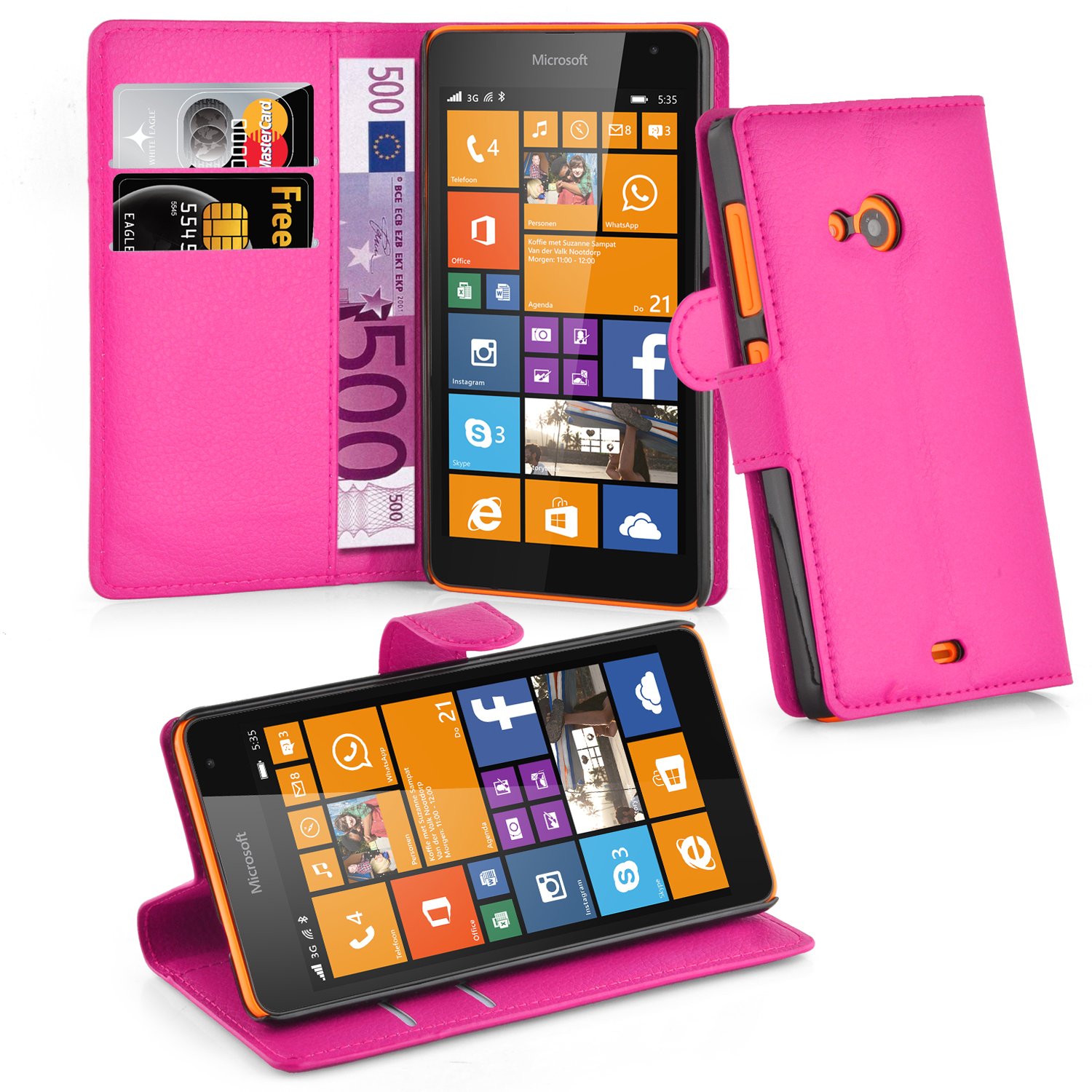 cadorabo Book Case works with Nokia Lumia 535 in HOT PINK - with Magnetic Closure, Stand Function and Card Slot - Wallet Etui Cover Pouch PU Leather Flip