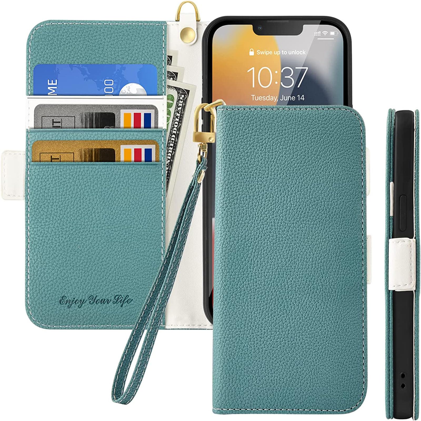 Tiyoo Flip Phone Case for iPhone 12/12 Pro, Magnetic Wallet Case with Card Slots and Wrist Strap, Shockproof PU Leather Case, Lychee Pattern, Green