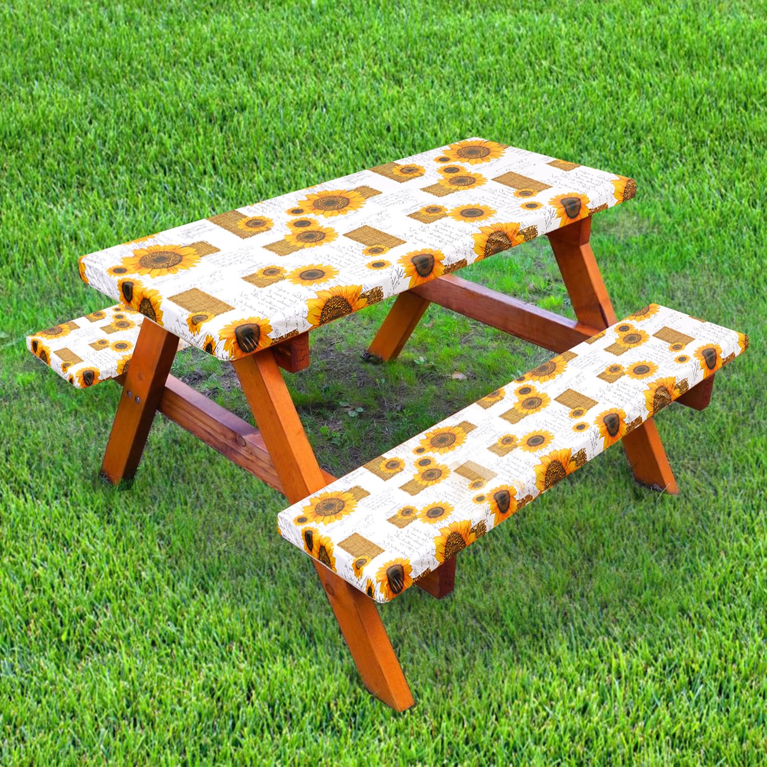 Photo 1 of 3 Pcs Sunflower Fitted Picnic Table Cover with Bench Covers, Waterproof Outdoor Bench Covers, Vinyl Picnic Tablecloth Elastic Tablecloths for Picnic Tables for Picnic Barbecue Outdoor Camping Party