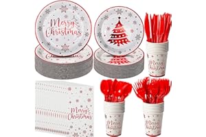 JECTIVS 175Pcs Merry Christmas Plates and Napkins Party Supplies,Red and White Disposable Christmas Tree Snowflake Table Dinnerware Paper Plates Napkins Cups for Holiday Xmas Party Decorations,Serve 25 Guest