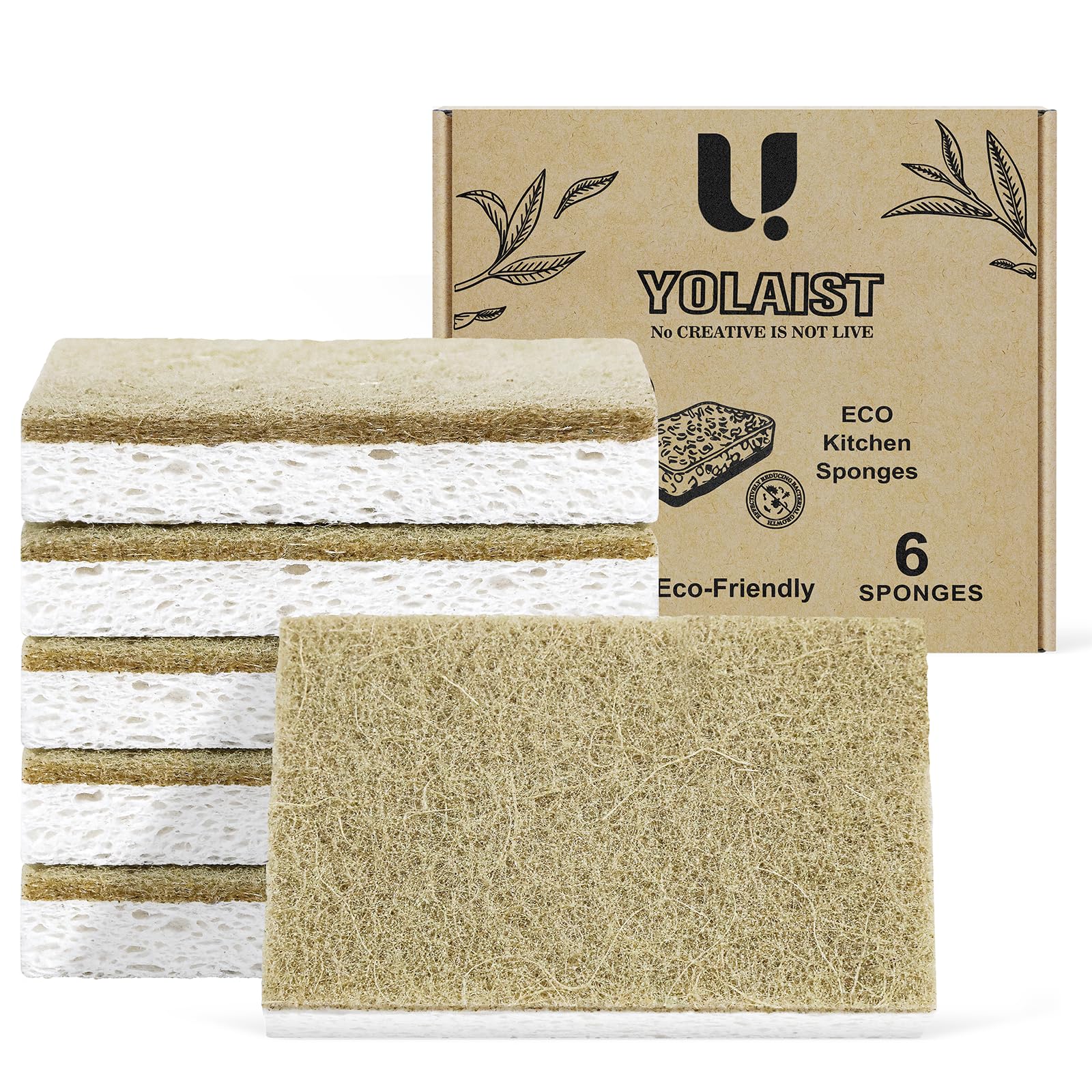 Yolaist 6 Pack Eco Sponges Washing Up - Biodegradable Washing Up Sponge - Durable Natural Dish Sponge with Non-scratch Scouring Pads
