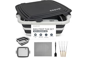 COZVO 6-in-1 Collapsible BBQ Prep Tub & Marinade Container with Locking Lid | 20" Multifunction Camping Sink, Portable Cutting Board, and Food Storage Bin for Grilling, Picnics, Tailgating - Black