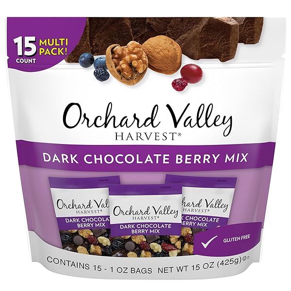 ORCHARD VALLEY HARVEST DARK CHOCOLATE BERRY MIX, 1OZ SNACK PACKS 15 COUNT – WALNUTS, SWEETENED CRANBERRIES, DARK CHOCOLATE CHERRIES, BLUEBERRIES, GLUTEN-FREE, 2G FIBER, CHOCOLATE COVERED BERRIES