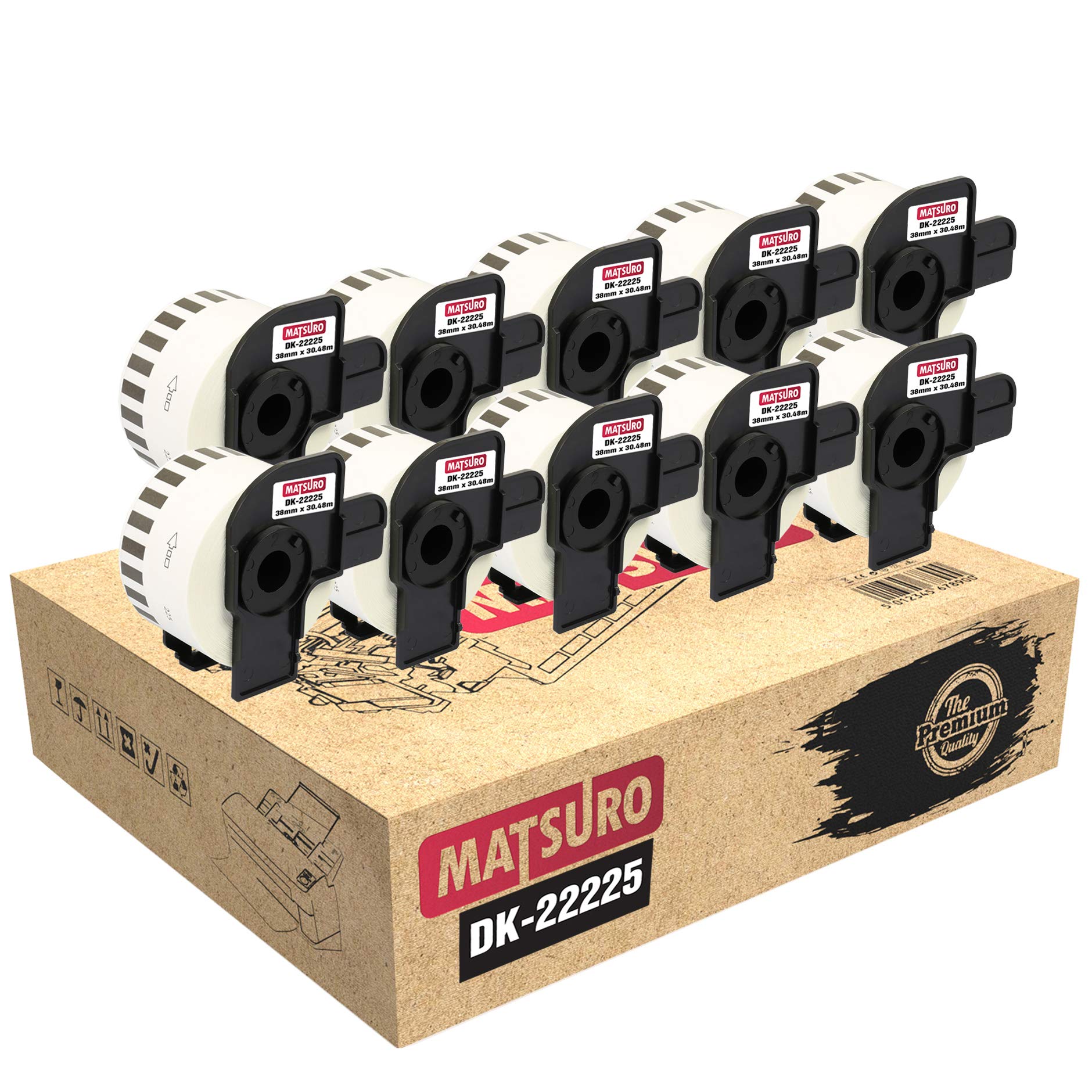 Matsuro Original | Compatible Label Rolls Replacement for Brother P-Touch DK-22225 DK22225 (38 mm x 30.48 m | Continuous | 10 Pack)