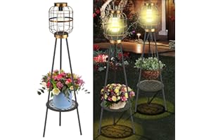 Viewsun 2 Pack Outdoor Floor Lamps Solar Powered with Plants Stand, 36" Waterproof Solar Lanterns Lights, Metal Solar Garden Lights Flower Shelf for Patio Porch Yard Backyard Deck Decor