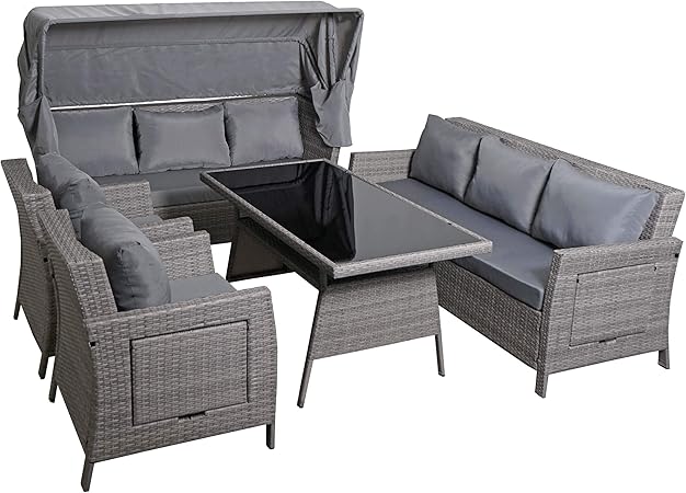 Amazon De Mendler Poly Rattan Garnitur Hwc F74 Sitzgruppe Garten Lounge Set Sofa Mit Sonnendach Hellgrau Kissen Grau