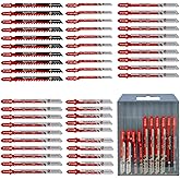50PCS T-Shank Jigsaw Blades Set - FOCSTOL HSS/HCS Jig Saw Blades for Cutting Metal, Wood and Plastic (T118A,T118B,T101AO,T101