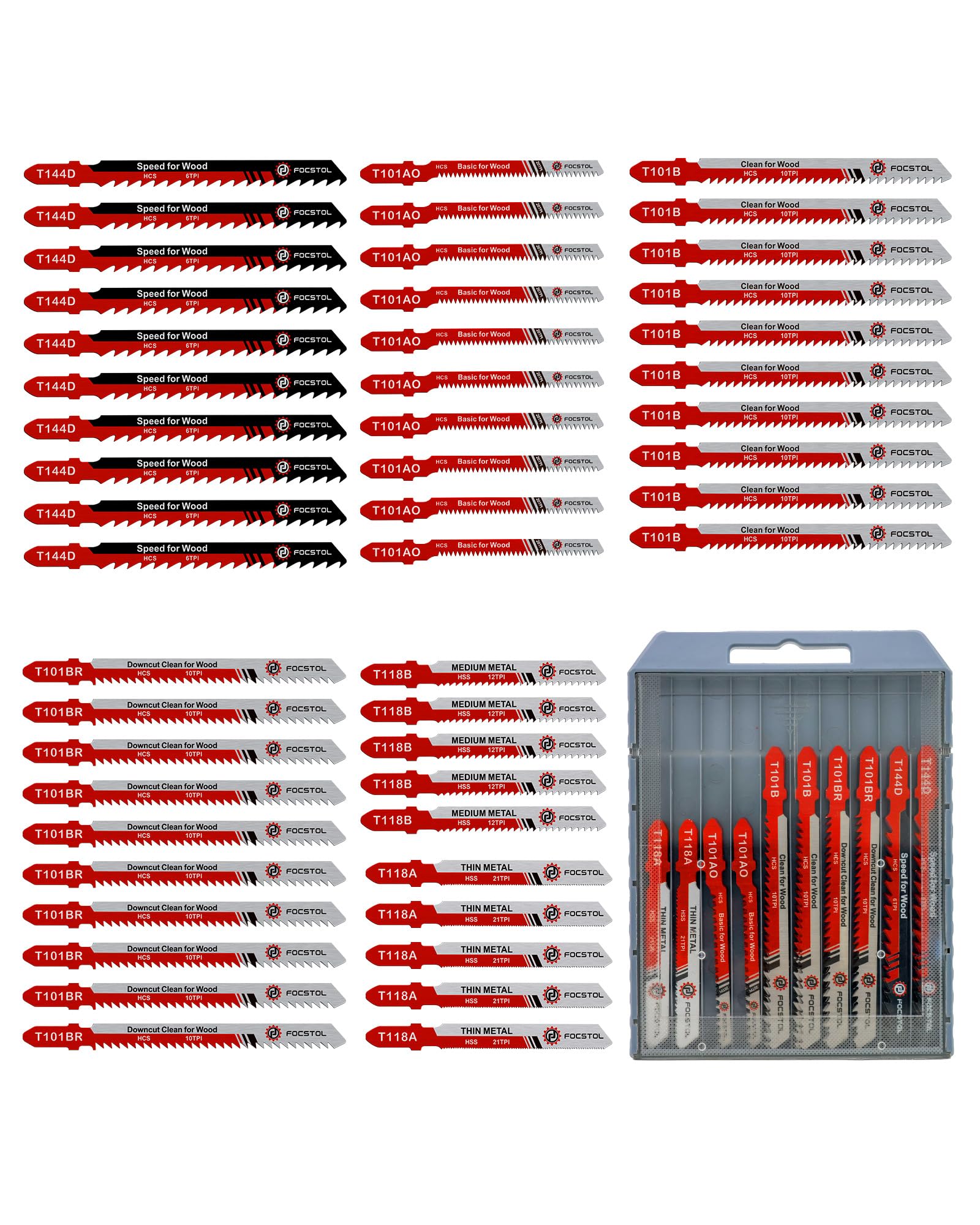 FOCSTOL Stichsägeblatt Set 50tlg mit Aufbewahrungskoffer - HSS/HCS T-Schaft Stichsägeblätter zum Schneiden von Metall, Holz und Kunststoff (T118A, T118B, T101AO, T101B, T101BR, T144D)