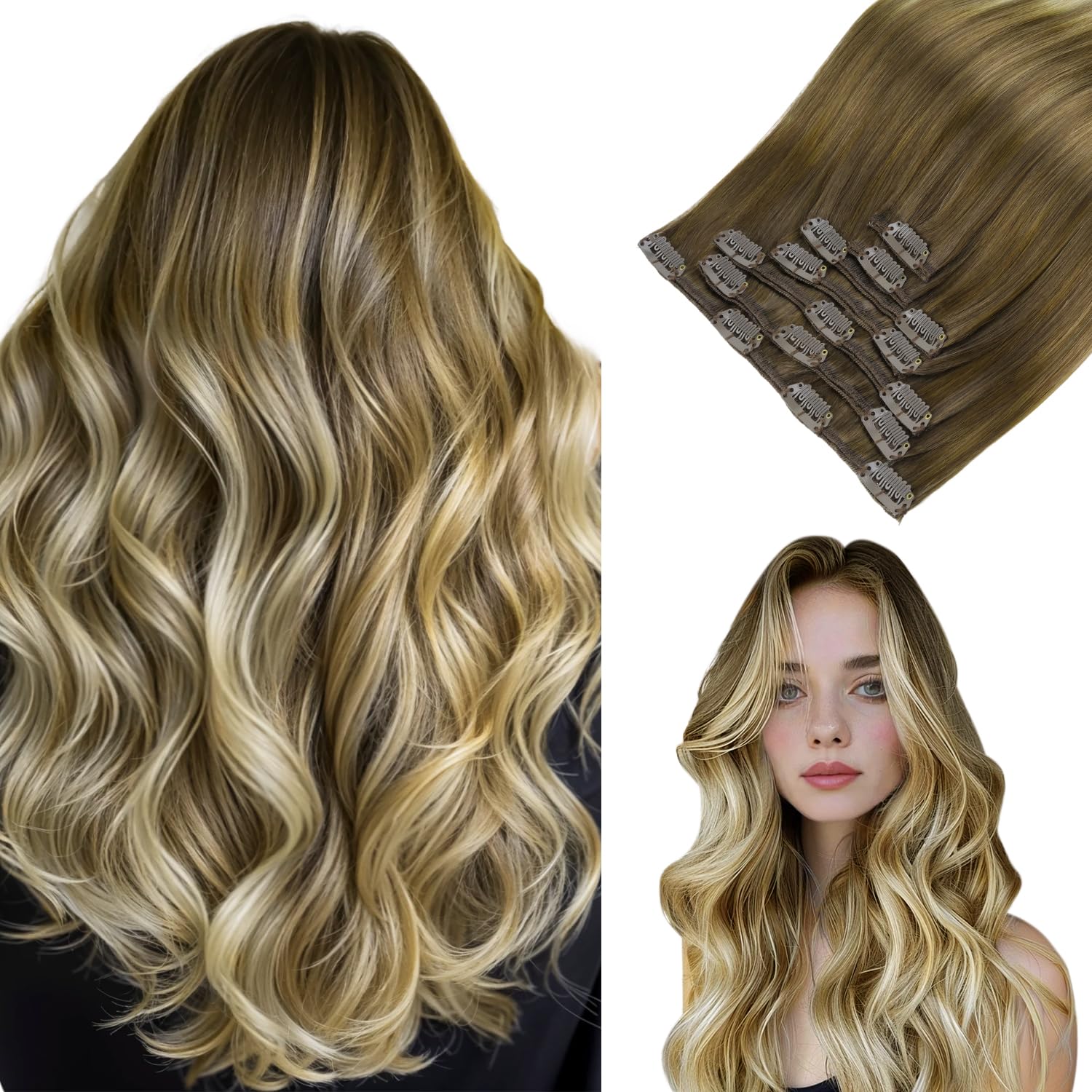 hotbanana Clip in Hair Extensions, Walnut Brown to Ash Brown and Bleach Blonde Clips in Hair Extension Real Human Hair Double Weft Clip in human Hair Extension Remy Hair Extensions 18 inch 120g 7pcs — image 1