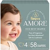 Pampers Amore, Size 4 (15-34 lbs), 58 Count, Our Best Diaper &ndash; Hypoallergenic &amp; Fragrance Free, Up to 100% Leakproof, Soft as Cashmere