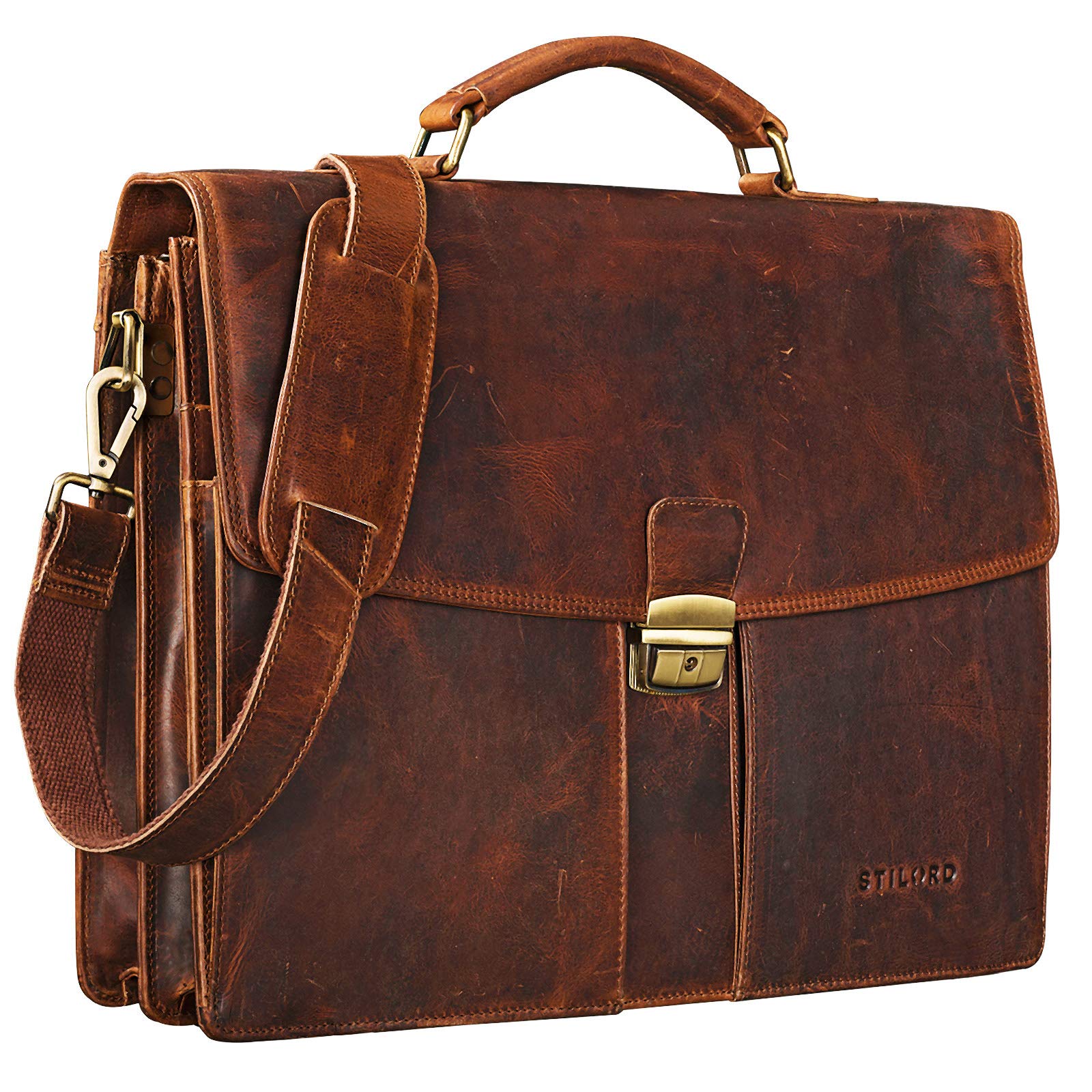 STILORD "Julian" Vintage Leather Briefcase Portfolio Men 15,6 inches Shoulder Bag Classic Vintage Business Satchel Work Bag Colour:Kara - Cognac