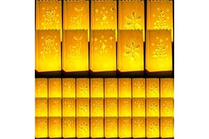 Crtiin 100 Pieces Christmas Luminary Bags White Paper Flame Luminary Resistant, 5 Holiday Designs: Tree, Snowflake, Snowman, Reindeer Candle Lantern Bags for Christmas Party Decoration