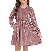 Stelle Girls Long Sleeve Velvet Dress with Pockets Ruffled Crew Neck Midi A-Line Dresses Vintage Formal Party Winter Outfits (Rose Clay,M)
