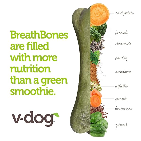 V-DOG DOG TREATS – VEGAN BREATHBONE TEETH CLEANING DENTAL DOG BONES – FRESH BREATH – 8 OUNCES – ALL NATURAL – MADE IN USA – 6 BONES – 4″ LONG – EASY TO DIGEST