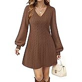 VAFOLY Womens V Neck Long Sleeve Cable Knit Fall Dresses Elegant Babydoll Sweater Dress