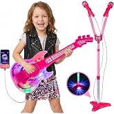 Kids Guitar &amp; Microphone Playset, 2 Voice Amplifying Mics with Glowing Stand, Karaoke Music Toy with Stage Light, Educational Musical Gift for Boys Girls Toddlers 3-6 Years Old