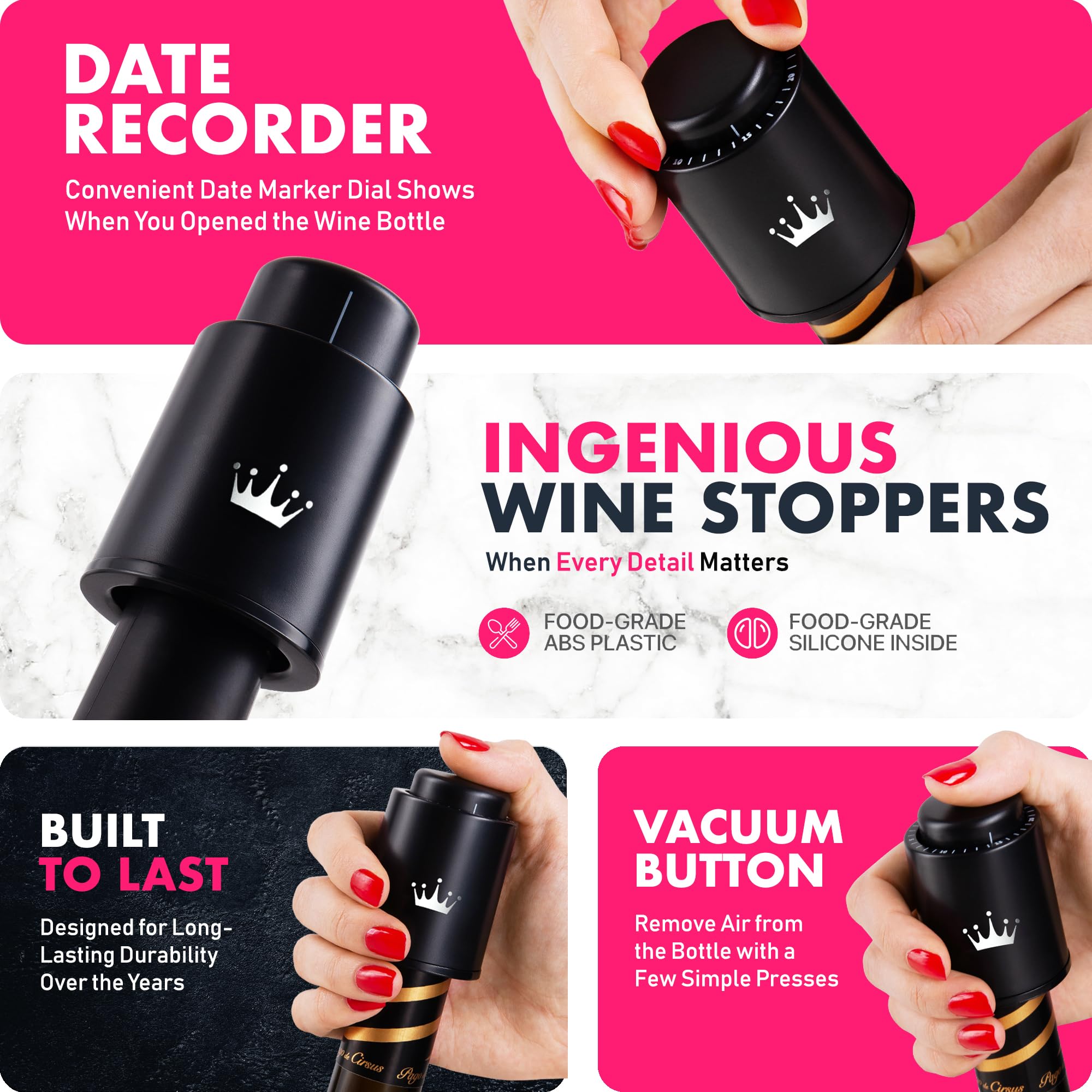 VINABON Vacuum Wine Stopper Set of 2 Preserves Freshness and Flavor