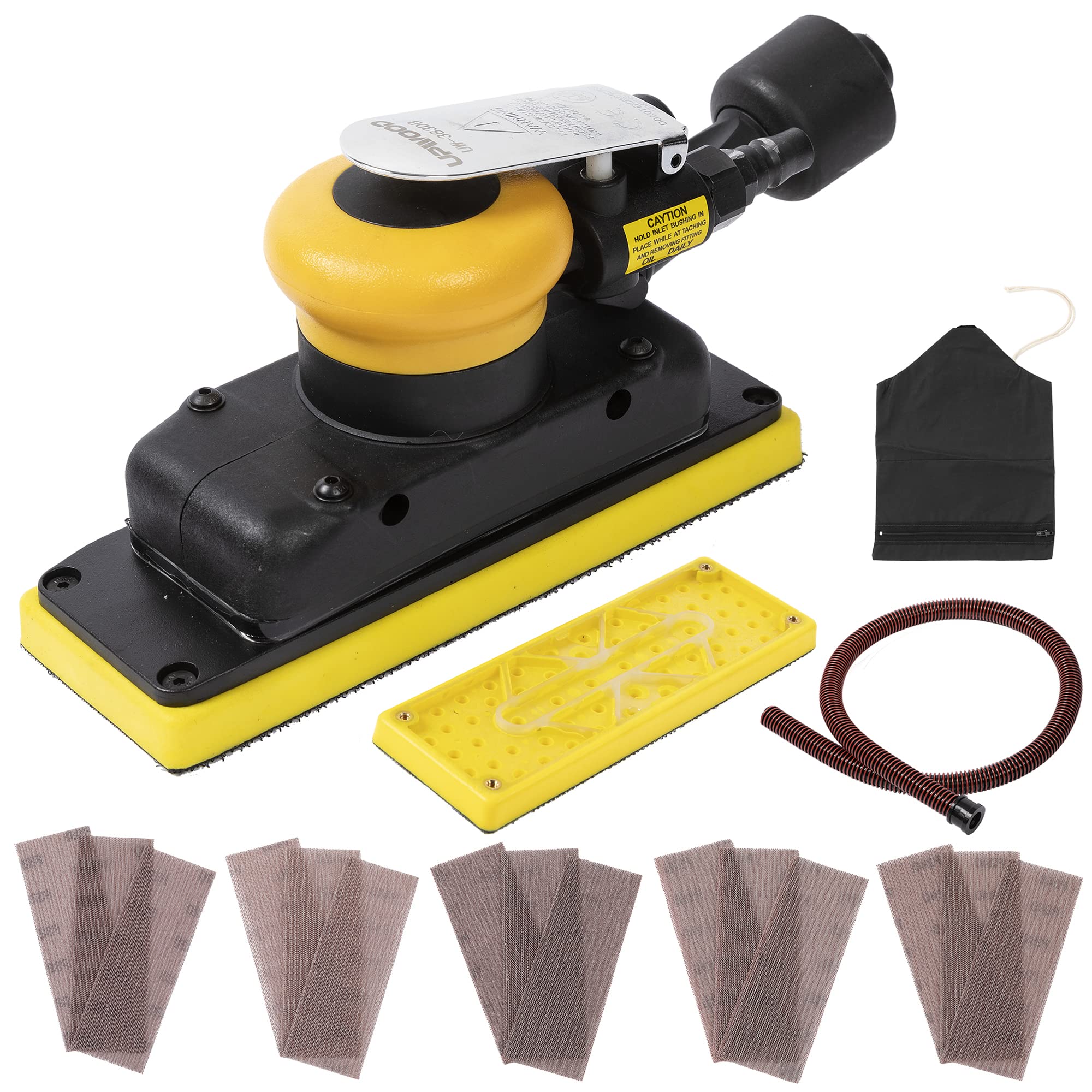 UPWOOD 70x198mm Dust-Free Air Orbital Sander, 3 x 8 inch Square Sander Dust Bag Style with Extra Hook-Loop Pad and 15pcs (80/120/180/320/400) sandpapers, 3 Sheets of Each Type