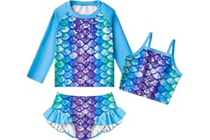 LQSZ Girls Rash Guard Sets Long Sleeves Swimsuit 3 Pieces Tankini Bathing Suit Swimwear for Girls 3-12 Years