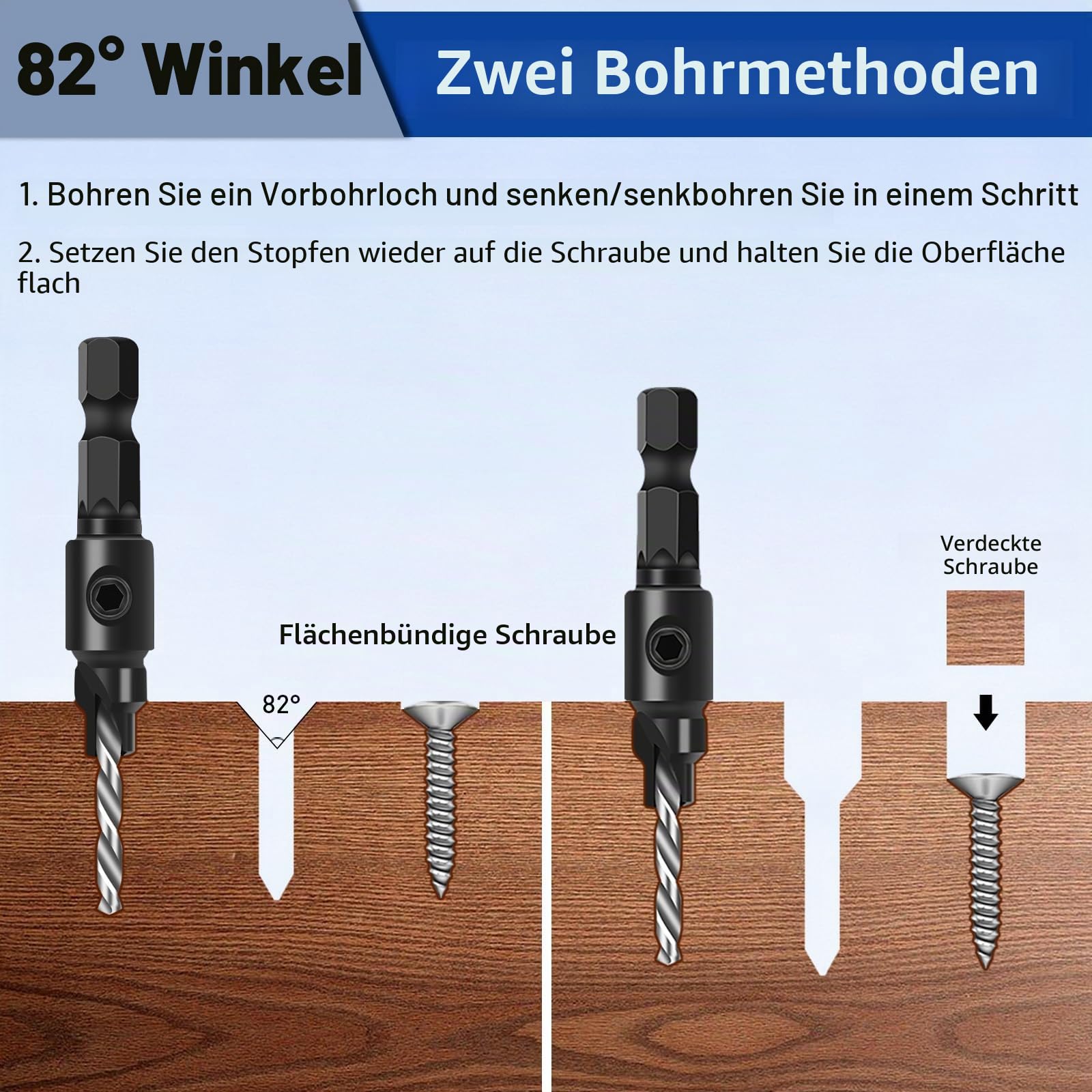 shengbenhao Senkbohrer Holz, 11 tlg Senker Bohrer Set für Holzbearbeitung, #5, #6, #8, #10, #12, Verstellbares Senkbohrer-Set mit 1/4"-Sechskantschaft mit Aufbewahrungsbox 4
