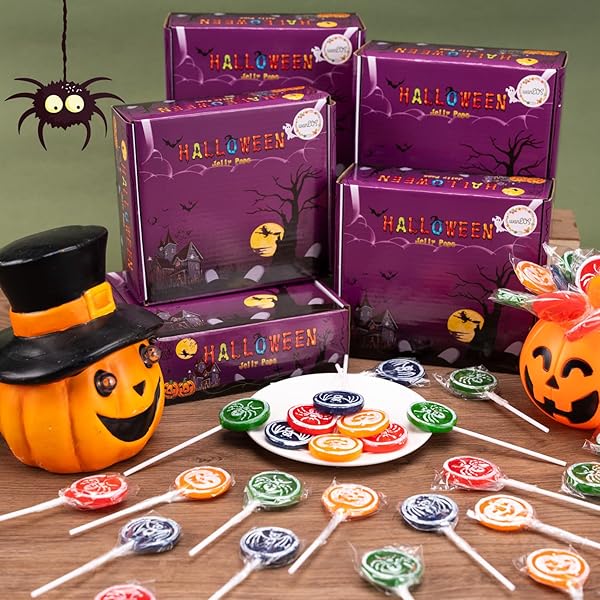 HALLOWEEN LOLLIPOP 24 PACK, HALLOWEEN CANDY BULK, SPIDER, PUMPKIN, AND BAT LOLLIPOPS INDIVIDUALLY WRAPPED, TRICK OR TREAT CANDY, FRUIT FLAVORS, FOR PARTY GOODY BAG FILLERS